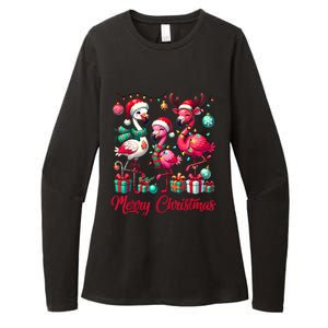 Merry Christmas Lights Flamingo Santa Hat Snow Xmas Pajamas Womens CVC Long Sleeve Shirt