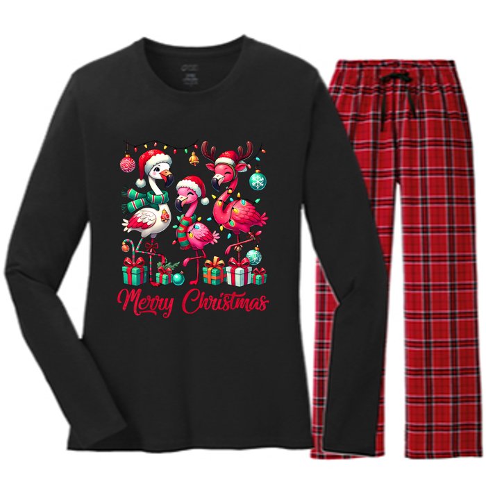 Merry Christmas Lights Flamingo Santa Hat Snow Xmas Pajamas Women's Long Sleeve Flannel Pajama Set 