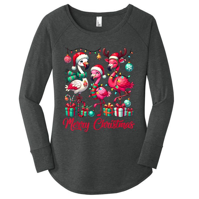 Merry Christmas Lights Flamingo Santa Hat Snow Xmas Pajamas Women's Perfect Tri Tunic Long Sleeve Shirt