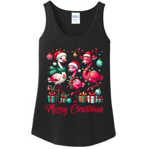 Merry Christmas Lights Flamingo Santa Hat Snow Xmas Pajamas Ladies Essential Tank