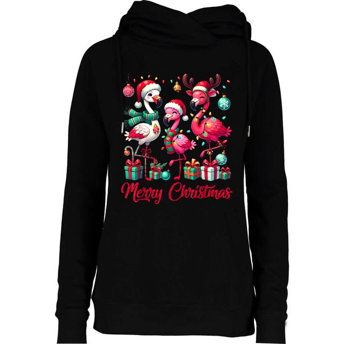 Merry Christmas Lights Flamingo Santa Hat Snow Xmas Pajamas Womens Funnel Neck Pullover Hood