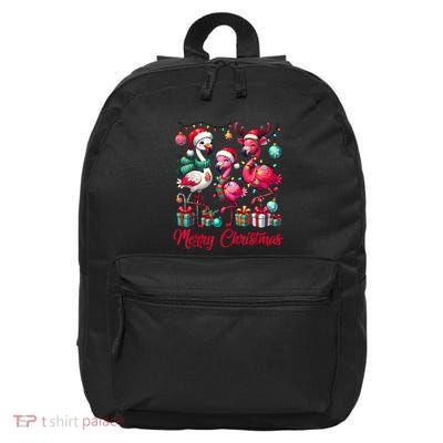 Merry Christmas Lights Flamingo Santa Hat Snow Xmas Pajamas 16 in Basic Backpack