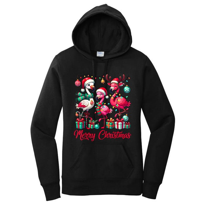 Merry Christmas Lights Flamingo Santa Hat Snow Xmas Pajamas Women's Pullover Hoodie