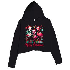 Merry Christmas Lights Flamingo Santa Hat Snow Xmas Pajamas Crop Fleece Hoodie