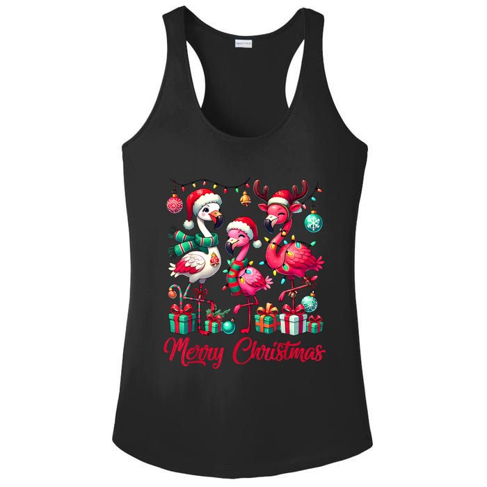 Merry Christmas Lights Flamingo Santa Hat Snow Xmas Pajamas Ladies PosiCharge Competitor Racerback Tank