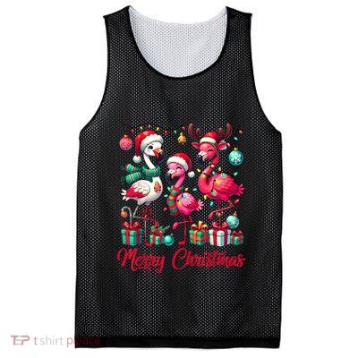 Merry Christmas Lights Flamingo Santa Hat Snow Xmas Pajamas Mesh Reversible Basketball Jersey Tank