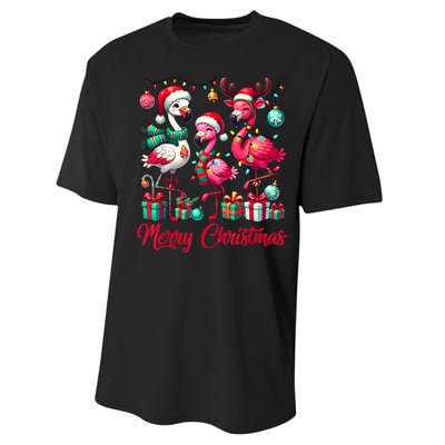 Merry Christmas Lights Flamingo Santa Hat Snow Xmas Pajamas Performance Sprint T-Shirt