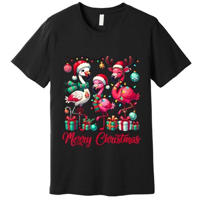 Merry Christmas Lights Flamingo Santa Hat Snow Xmas Pajamas Premium T-Shirt