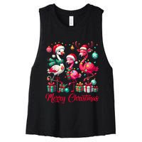 Merry Christmas Lights Flamingo Santa Hat Snow Xmas Pajamas Women's Racerback Cropped Tank