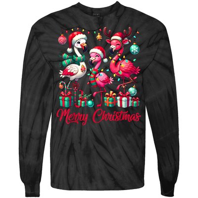 Merry Christmas Lights Flamingo Santa Hat Snow Xmas Pajamas Tie-Dye Long Sleeve Shirt