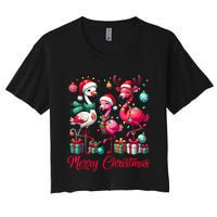 Merry Christmas Lights Flamingo Santa Hat Snow Xmas Pajamas Women's Crop Top Tee