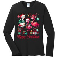 Merry Christmas Lights Flamingo Santa Hat Snow Xmas Pajamas Ladies Long Sleeve Shirt