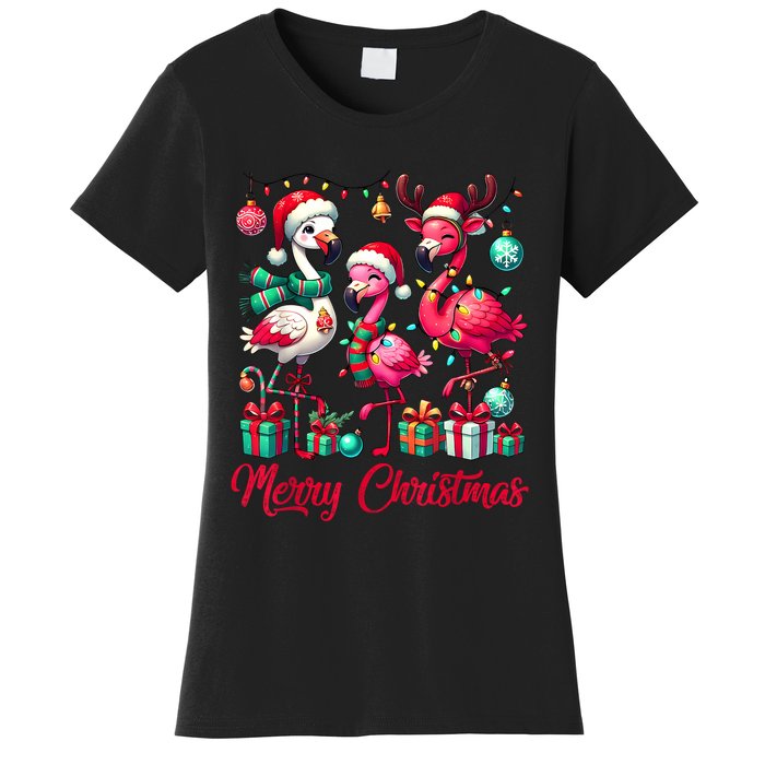 Merry Christmas Lights Flamingo Santa Hat Snow Xmas Pajamas Women's T-Shirt