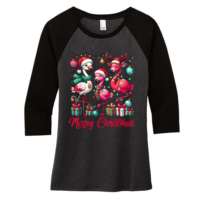 Merry Christmas Lights Flamingo Santa Hat Snow Xmas Pajamas Women's Tri-Blend 3/4-Sleeve Raglan Shirt