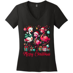 Merry Christmas Lights Flamingo Santa Hat Snow Xmas Pajamas Women's V-Neck T-Shirt