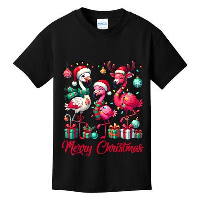 Merry Christmas Lights Flamingo Santa Hat Snow Xmas Pajamas Kids T-Shirt