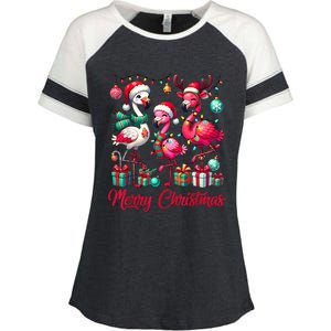 Merry Christmas Lights Flamingo Santa Hat Snow Xmas Pajamas Enza Ladies Jersey Colorblock Tee