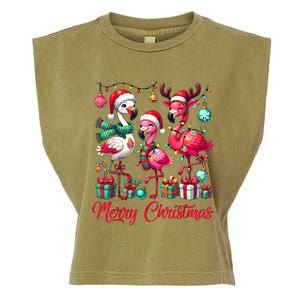 Merry Christmas Lights Flamingo Santa Hat Snow Xmas Pajamas Garment-Dyed Women's Muscle Tee