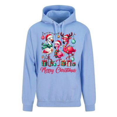 Merry Christmas Lights Flamingo Santa Hat Snow Xmas Pajamas Unisex Surf Hoodie