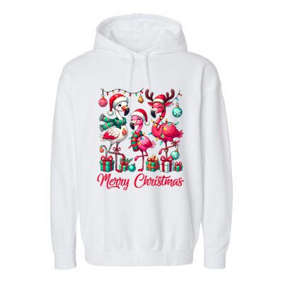 Merry Christmas Lights Flamingo Santa Hat Snow Xmas Pajamas Garment-Dyed Fleece Hoodie