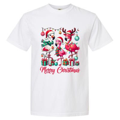 Merry Christmas Lights Flamingo Santa Hat Snow Xmas Pajamas Garment-Dyed Heavyweight T-Shirt