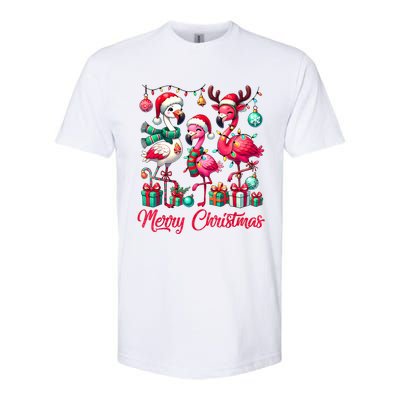 Merry Christmas Lights Flamingo Santa Hat Snow Xmas Pajamas Softstyle CVC T-Shirt