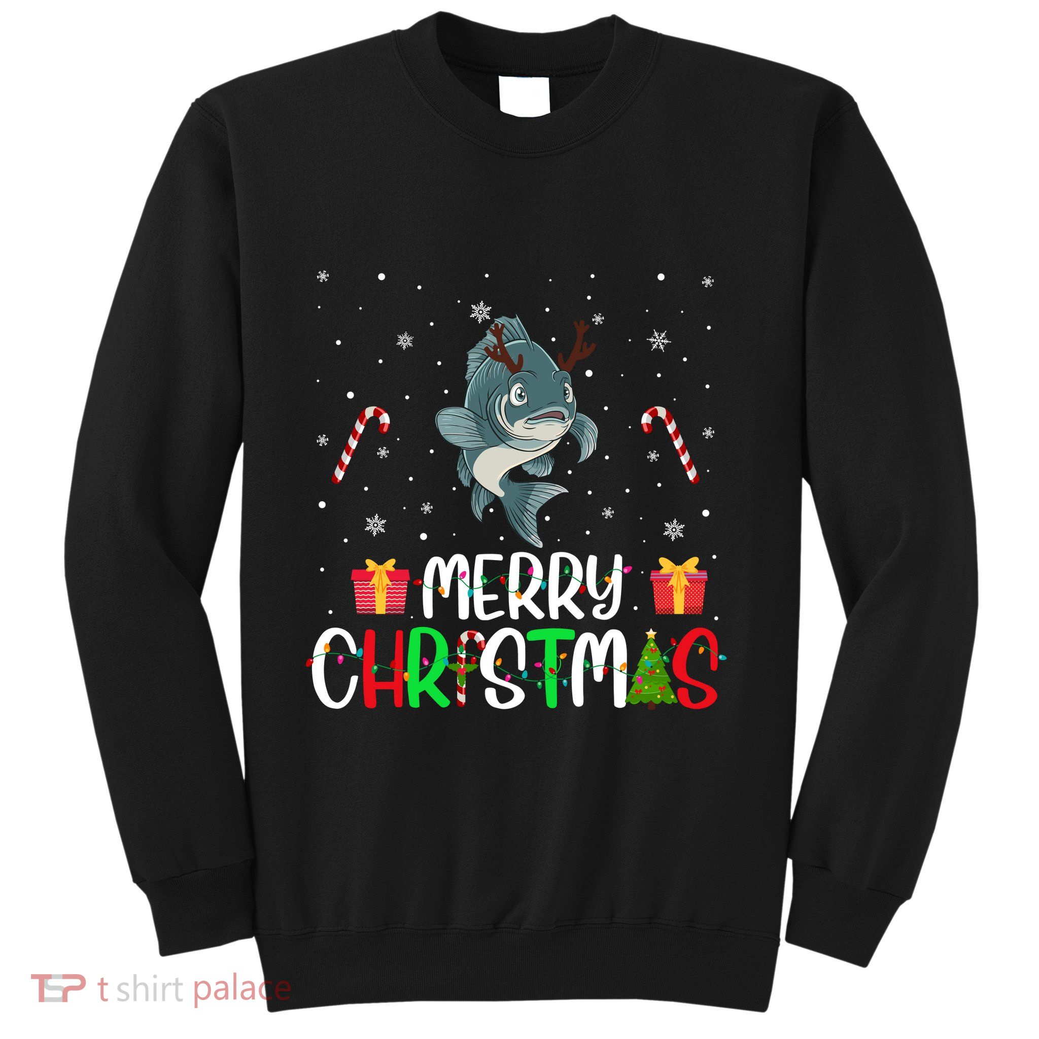 Merry Christmas Lights Fish Reindeer Hat Xmas Pjs Sweatshirt
