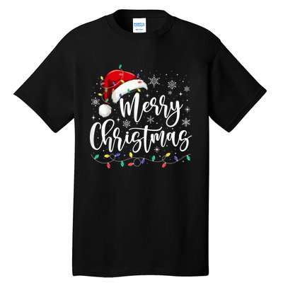 Merry Christmas Lights Red Santa Hat Xmas Family Tall T-Shirt