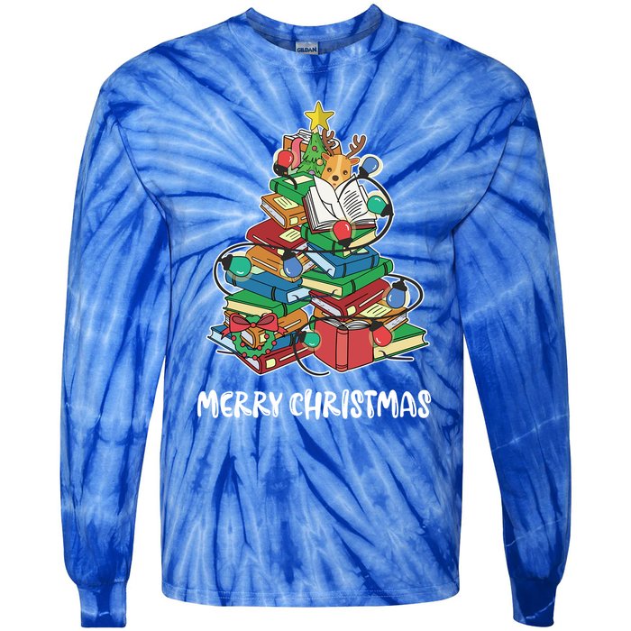 Merry Christmas Library Tree Cute Book Lover Librarian Funny Gift Tie-Dye Long Sleeve Shirt