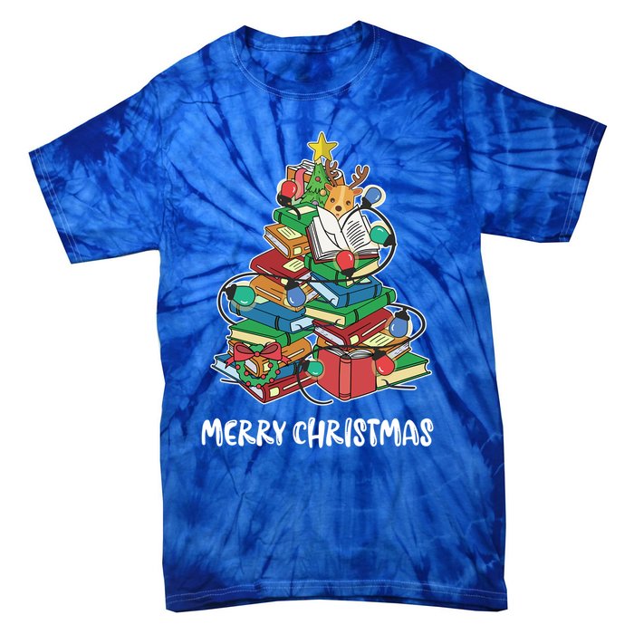 Merry Christmas Library Tree Cute Book Lover Librarian Funny Gift Tie-Dye T-Shirt