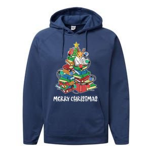 Merry Christmas Library Tree Cute Book Lover Librarian Funny Gift Performance Fleece Hoodie