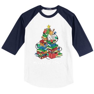 Merry Christmas Library Tree Cute Book Lover Librarian Funny Gift Baseball Sleeve Shirt