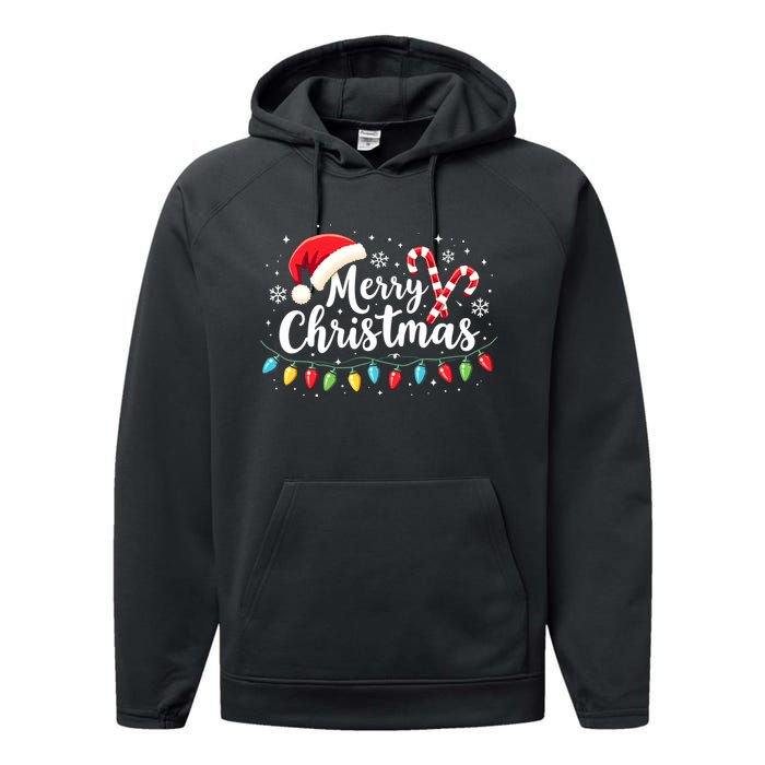 Merry Christmas Lights Red Santa Hat Xmas Family Performance Fleece Hoodie