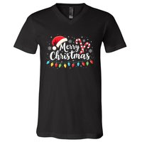 Merry Christmas Lights Red Santa Hat Xmas Family V-Neck T-Shirt