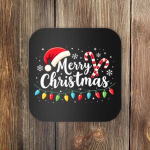 Merry Christmas Lights Red Santa Hat Xmas Family Coaster