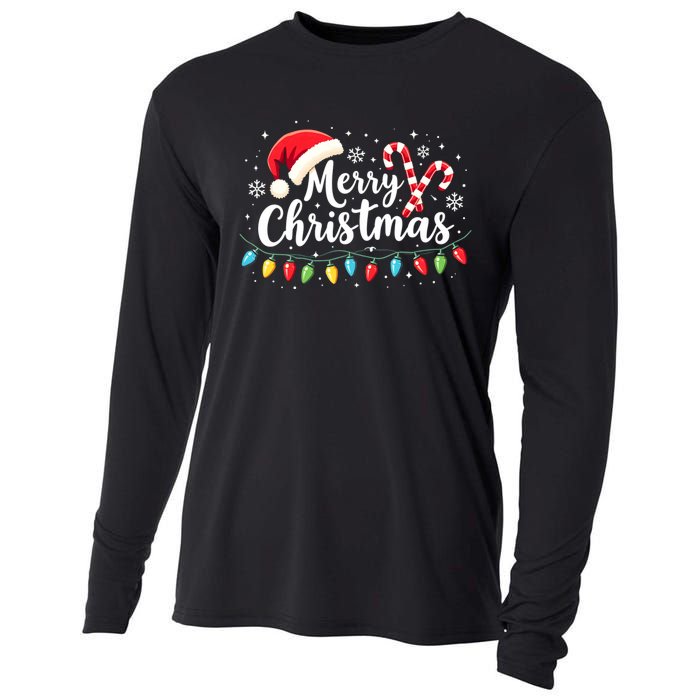 Merry Christmas Lights Red Santa Hat Xmas Family Cooling Performance Long Sleeve Crew