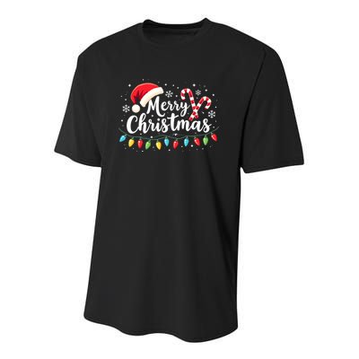 Merry Christmas Lights Red Santa Hat Xmas Family Youth Performance Sprint T-Shirt