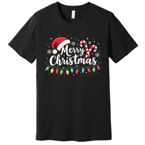 Merry Christmas Lights Red Santa Hat Xmas Family Premium T-Shirt