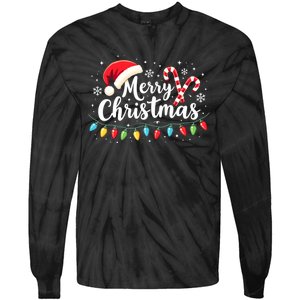 Merry Christmas Lights Red Santa Hat Xmas Family Tie-Dye Long Sleeve Shirt