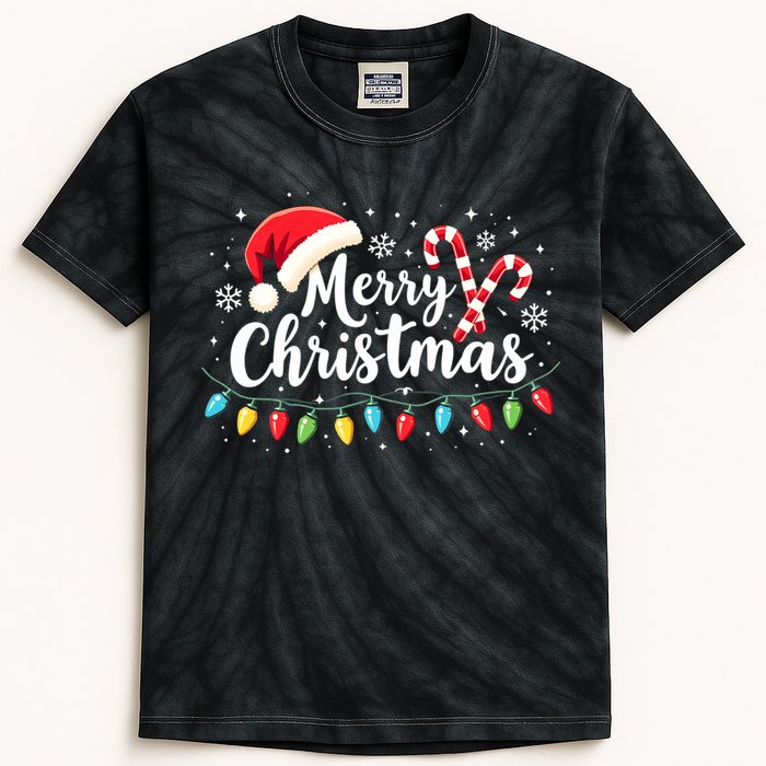 Merry Christmas Lights Red Santa Hat Xmas Family Kids Tie-Dye T-Shirt