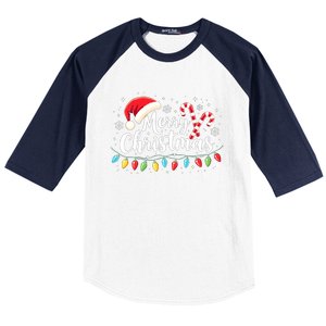 Merry Christmas Lights Red Santa Hat Xmas Family Baseball Sleeve Shirt