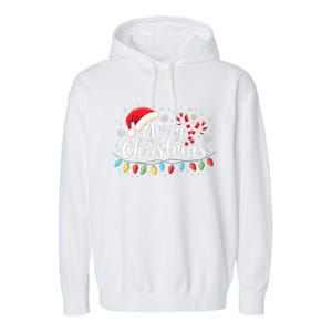 Merry Christmas Lights Red Santa Hat Xmas Family Garment-Dyed Fleece Hoodie