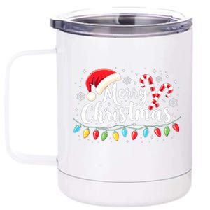 Merry Christmas Lights Red Santa Hat Xmas Family 12 oz Stainless Steel Tumbler Cup