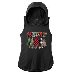 Merry Christmas Leopard Buffalo Red Plaid Ladies PosiCharge Tri-Blend Wicking Draft Hoodie Tank