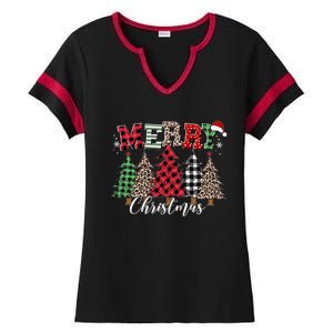 Merry Christmas Leopard Buffalo Red Plaid Ladies Halftime Notch Neck Tee