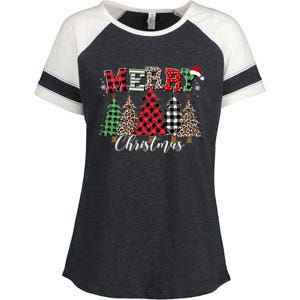 Merry Christmas Leopard Buffalo Red Plaid Enza Ladies Jersey Colorblock Tee