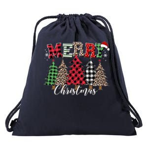 Merry Christmas Leopard Buffalo Red Plaid Drawstring Bag