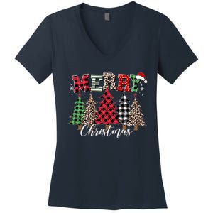 Merry Christmas Leopard Buffalo Red Plaid Women's V-Neck T-Shirt