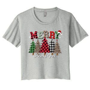 Merry Christmas Leopard Buffalo Red Plaid Women's Crop Top Tee