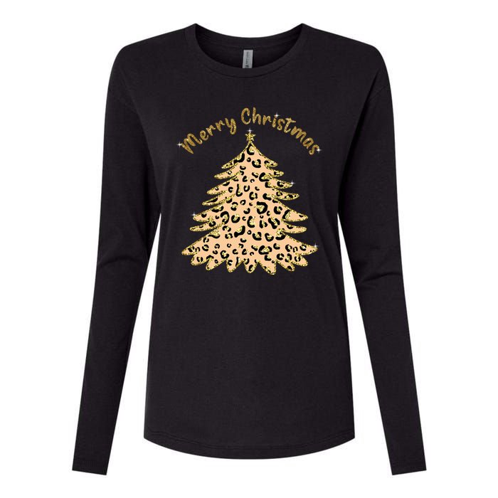 Merry Christmas Leopard Tree Holiday Womens Cotton Relaxed Long Sleeve T-Shirt